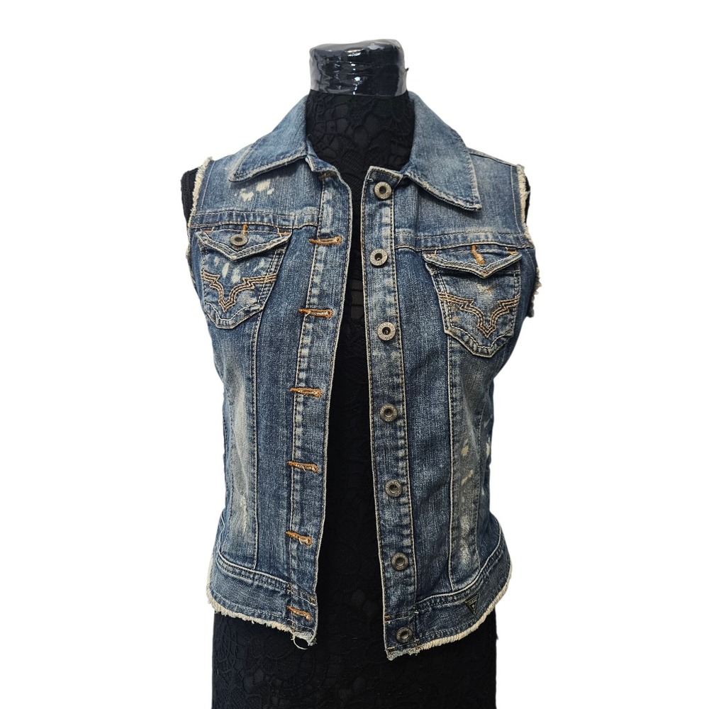 Y2K GUESS Los Angeles Denim Vest Eagle Embroidered Distressed Stretch Womens M